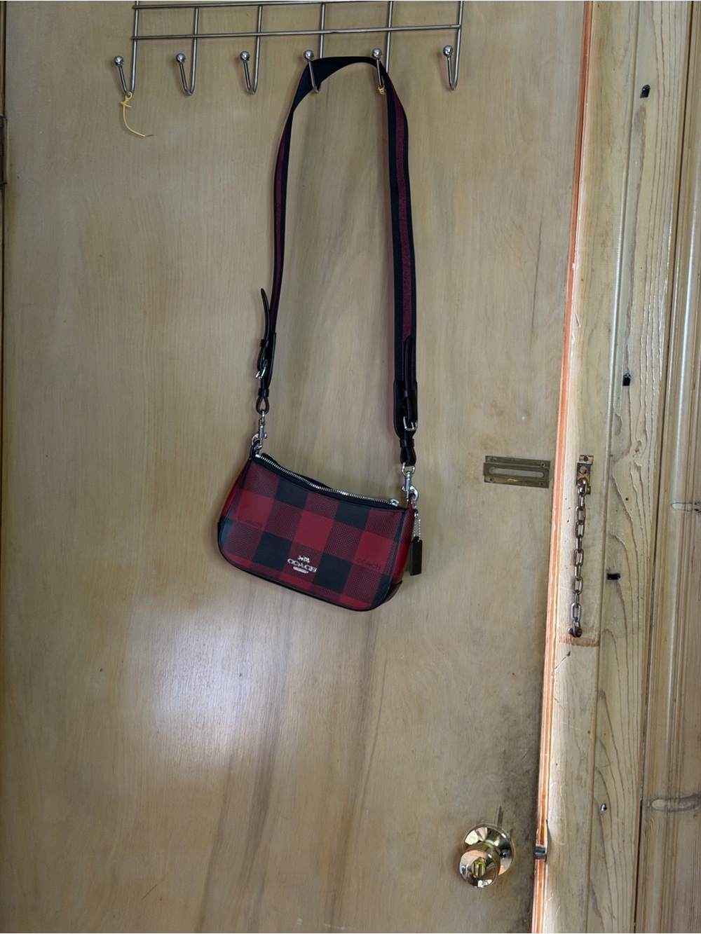 Coach Red and Black Buffalo Plaid Crossbody with Leather Trim - Picture 5 of 7
